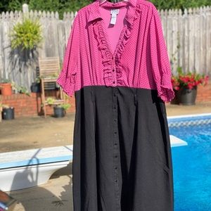 Bright pink black skirt button up dress. Size 3X